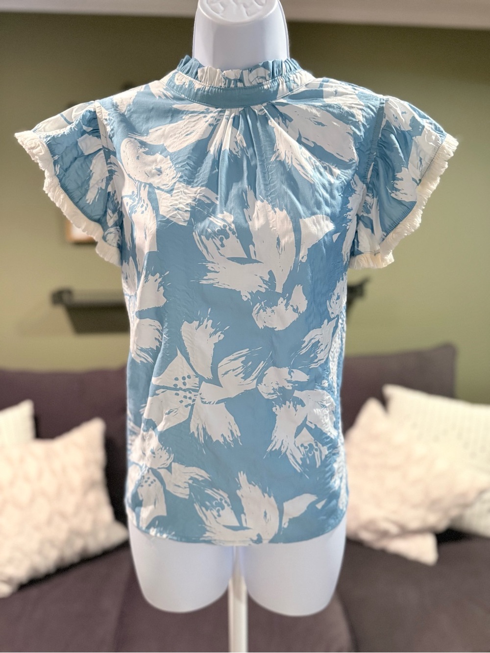 Light Blue Floral Ruffle-Trim Blouse